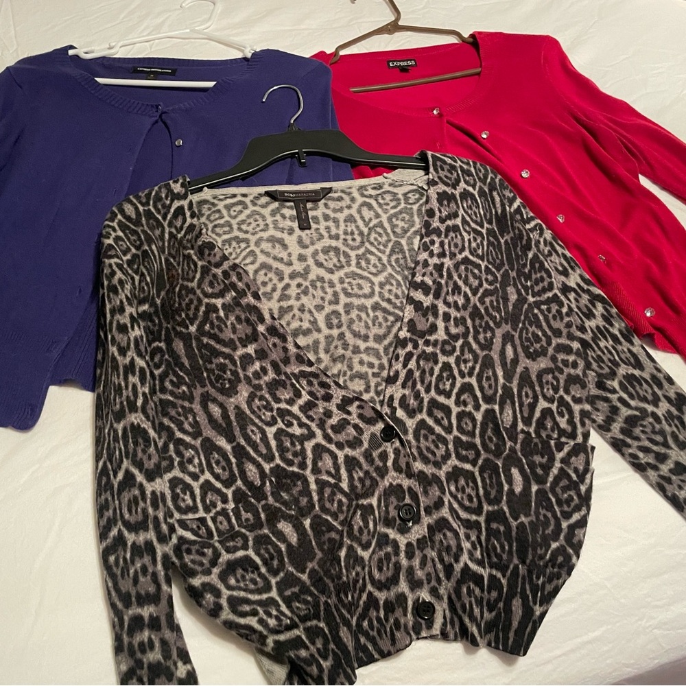 All 3 BCBG Black/Gray Leopard Cardigan Sweater. And to express cardigans